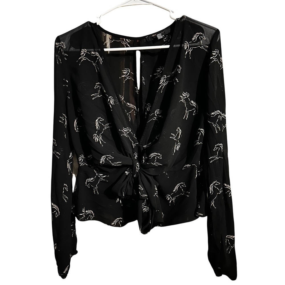 Forever 21 Black Sheer Horse Print Twist Front V Neck Long Sleeve Top Womens M - Picture 2 of 8